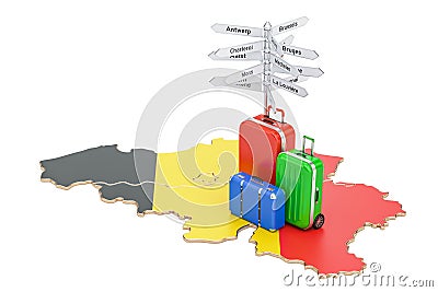 Belgium travel concept. Belgian map with suitcases and signpost, 3D rendering Stock Photo