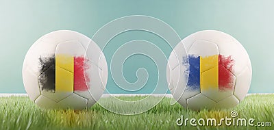 Belgium vs Romania football match infographic template for Euro 2024 matchday scoreline announcement. Two soccer balls with Stock Photo