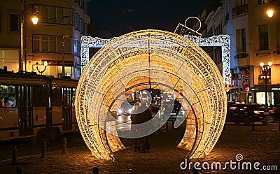 Beautiful and elegant Christmas lights decorations on the streets of Brussels. Editorial Stock Photo
