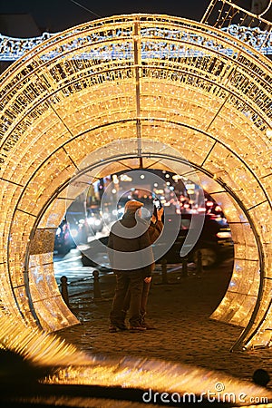 Beautiful and elegant Christmas lights decorations on the streets of Brussels. Editorial Stock Photo