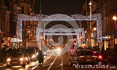 Beautiful and elegant Christmas lights decorations on the streets of Brussels. Editorial Stock Photo