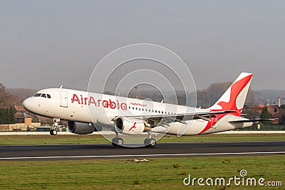 Belgium, Zaventem, Brussels Airport, Landing of a plane of the United Arab Emirates company Air Arabia, Airbus A320 Editorial Stock Photo