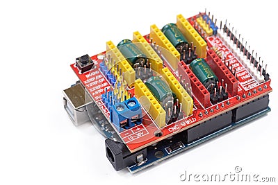 Belgrade - 20.02.2022. - Arduino CNC Shield motherboard with stepper drivers isolated above white background Editorial Stock Photo