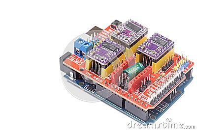 Belgrade - 20.02.2022. - Arduino CNC Shield motherboard with stepper drivers isolated above white background Editorial Stock Photo