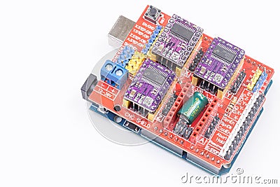 Belgrade - 20.02.2022. - Arduino CNC Shield motherboard with stepper drivers isolated above white background Editorial Stock Photo