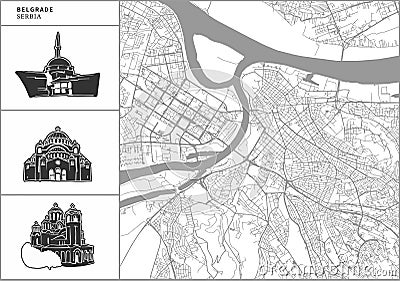 Belgrade city map with hand-drawn architecture icons Vector Illustration