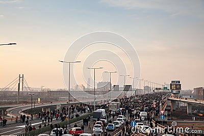 Crowd of protestors blocking Most gazela bridge against vucic and serbian government demonstrating against rio tinto lithium mines Editorial Stock Photo