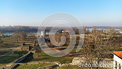 Belgrade, Serbia, January 24, 2020. Landscape or view from Kalemegdan to the confluence of two rivers - Sava and Danube. January Editorial Stock Photo