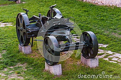 Artillery guns and weapons stand on stone foundations as part of outdoor exposition of various artillery weapons on territory of Editorial Stock Photo