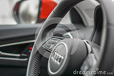 BELGRADE, SERBIA - MARCH 3, 2017: Modern steering wheel form car brand Audi Q2 Editorial Stock Photo