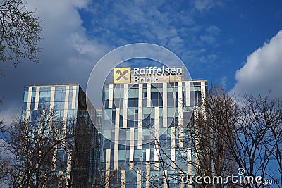 Belgrade, Serbia, March 17, 2024: Raiffeisen Bank building in New Belgrade. Raiffeisen Bank International RBI is a key Editorial Stock Photo