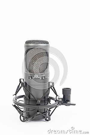 Belgrade, Serbia - 27. May 2020. Black Professional Studio Condenser Microphone above white background Editorial Stock Photo