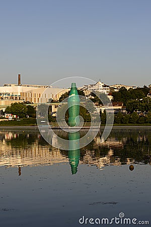 Belgrade, Serbia , May 12 2020 : Sprite soft drink giant bottle advertisment at Ada Ciganlija lake in Belgrade Editorial Stock Photo