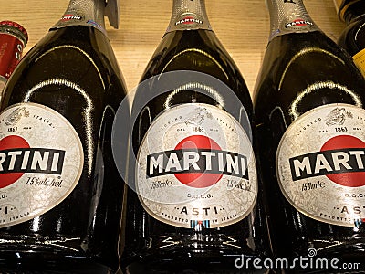 Asti Sparkling wine with the logo of Martini for sale. Editorial Stock Photo