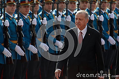 BELGRADE, SERBIA - 7 October 2019: Turkish President Recep Tayyip Erdogan inspects the honour guard in Belgrade Editorial Stock Photo