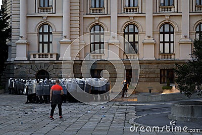 Belgrade, Serbia - 07.08.2020. Thousands protest in Belgrade as Serbia reimposes Covid-19 curfew, Belgrade, Serbia, 08 July 2020. Editorial Stock Photo