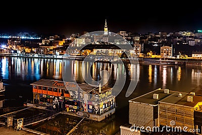 Belgrade waterfront and `Branko` bridge on the Sava River. Editorial Stock Photo