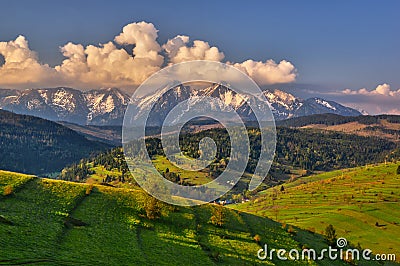 Belianske Tatry mountains and meadows over Osturna Stock Photo