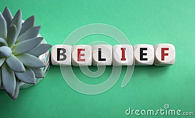 Belief symbol. Concept word Belief on wooden cubes. Beautiful green background with succulent plant. Business and Belief concept. Stock Photo