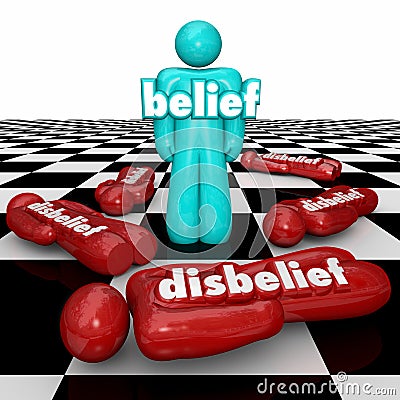 Belief Vs Disbelief One Confident Person with Faith Stands Doubt Stock Photo