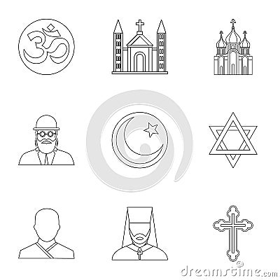 Beliefs icons set, outline style Vector Illustration