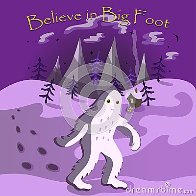 Believe in big foot postcard with a monster going through the night settlement Stock Photo