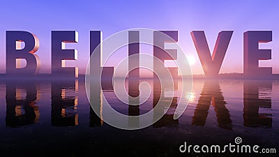 Believe Logo On The Epic Lake Sunset Horizon Cartoon Illustration