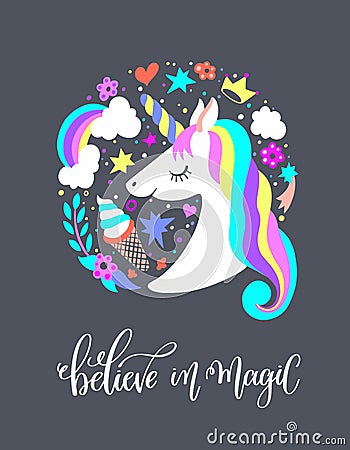 Believe in magic - art poster with unicorn Vector Illustration