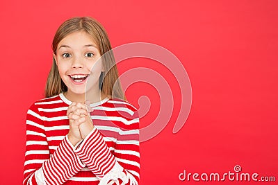 Believe in miracle. Child girl dreaming her wish come true. Miracle happens. Little girl smiling full of hope. My secret Stock Photo