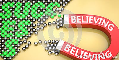 Believing attracts success - pictured as word Believing on a magnet to symbolize that Believing can cause or contribute to Cartoon Illustration