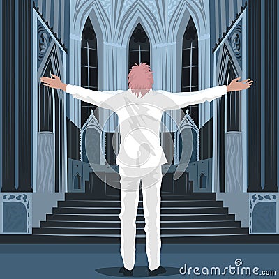 Believing man standing inside Cathedral Church Vector Illustration