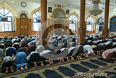 Belivers praying at the mosque of Bengali Sunni Jamae at Yangon Editorial Stock Photo