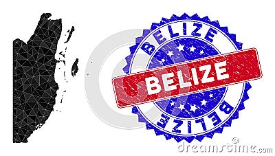 Belize Map Triangle Mesh and Scratched Bicolor Watermark Vector Illustration