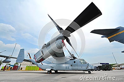 Bell Boeing MV-22 Osprey tilt rotor aircraft on display at Singapore Airshow Editorial Stock Photo