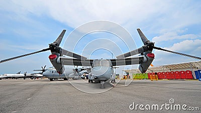 Bell Boeing MV-22 Osprey tilt rotor aircraft on display at Singapore Airshow Editorial Stock Photo