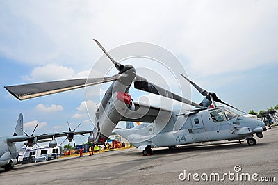 Bell Boeing MV-22 Osprey tilt rotor aircraft on display at Singapore Airshow Editorial Stock Photo