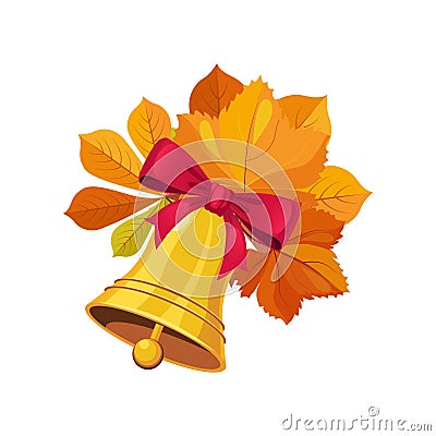 Bell With Bow And Leaves, Set Of School And Education Related Objects In Colorful Cartoon Style Vector Illustration