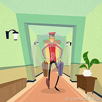 Bell Boy Carry Suitcase Indoor Hotel Porter Vector Illustration