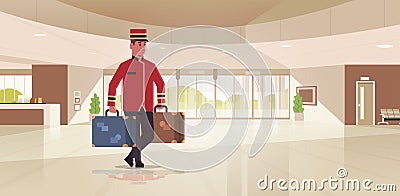 Bell boy carrying suitcases hotel service concept bellman holding luggage male worker in uniform modern reception area Vector Illustration