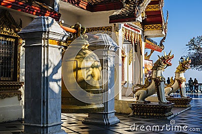 Bell and dragon statues in Wat Phrathat Doi Suthep. Stock Photo