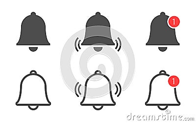 Bell icon collection. Notification bell set. Incoming message symbol. Phone application notice. Alarm clock in flat Vector Illustration