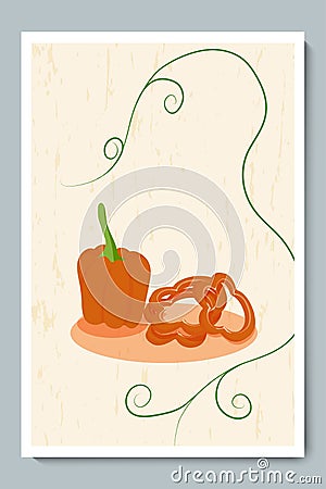 Bell Pepper and Orange Paprika Sliced Rings Poster. Minimalist Vegetables with Pieces and Texture Background. Vector Illustration