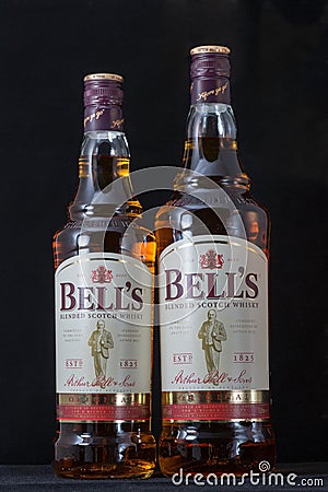 Bell`s blended Scotch Whisky bottles closeup on black background Editorial Stock Photo