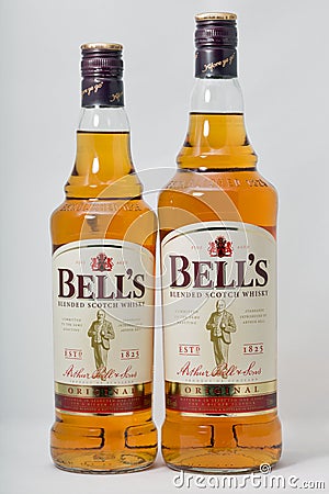 Bell`s blended Scotch Whisky bottles closeup on white background Editorial Stock Photo