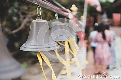 The bell in the temple hung on the pillar beside Stock Photo