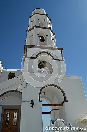 Bell Tower Of The Beautiful Church Of Pyrgos Kallistis On The Island Of Santorini. Travel, Cruises, Architecture, Landscapes. Editorial Stock Photo