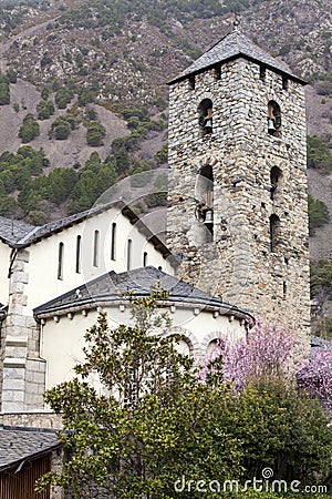 Bell tower of a church in the city of La Vella in Andorra. Stock Photo
