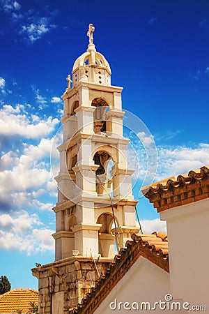 Bell tower detail of a church in Skopelos Town Stock Photo