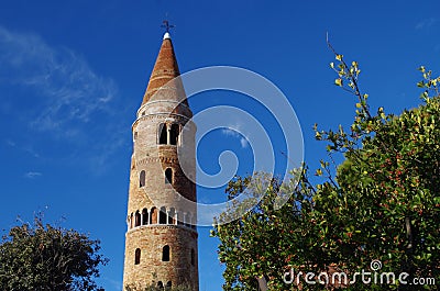 Bell tower made by red bricks in the venetian village of Caorle Stock Photo