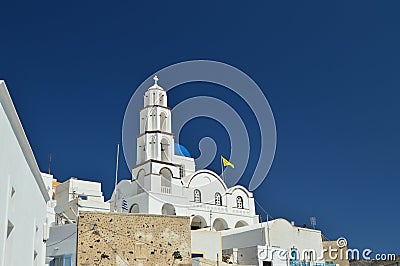 Bell Tower And Main Facade Of The Beautiful Church Of Pyrgos Kallistis On The Island Of Santorini. Travel, Cruises, Architecture, Stock Photo